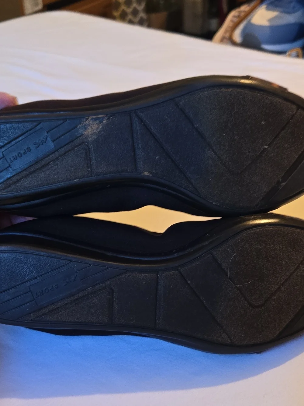 Anne Klein Black Wedge Flats with Glossy Bow Accent